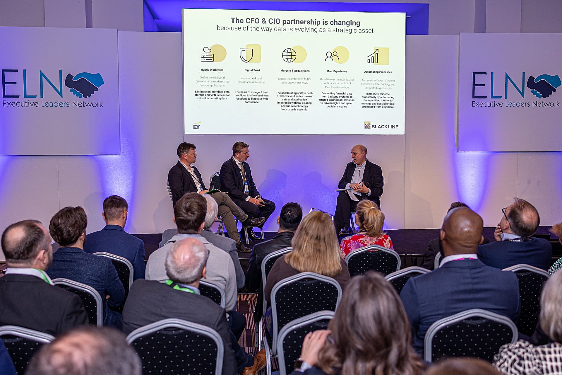 A panel session in front of a full audience at an ELN Executive Leaders Network summit